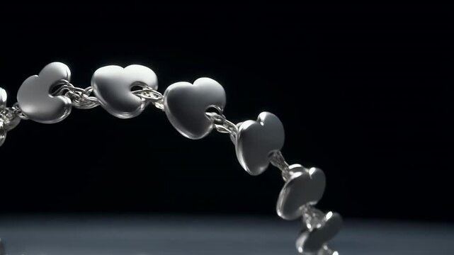 Rig nudging silver heartlink bracelet with rings rising, sweeping right on dark table showing gleam