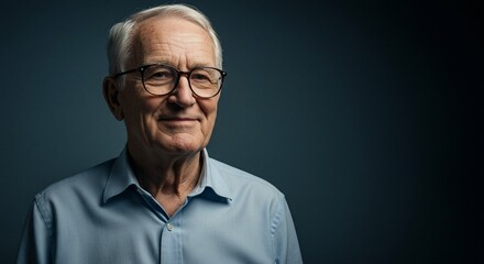 Obraz premium A senior man with glasses and a blue shirt looks directly at the camera with a subtle smile