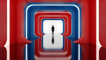 Lone Figure Walks Through Colorful Geometric Tunnel Corridor.