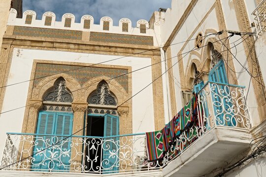 House with balconies in Medina Sousse city. Tunisia. Africa.