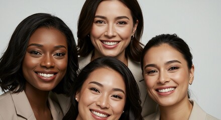 Four diverse women smiling together in a studio setting with a plain background
