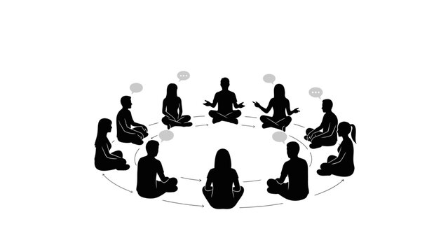 A group of people sitting in a circle on the floor with speech bubbles, conveying a kuda chinese day discussion in a minimalist style with a neutral background.