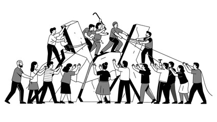 A group of people working together to construct a large puzzle on a kuda chinese day with a monochromatic color scheme and a sense of teamwork and collaboration in a flat, illustrative © Anton AL Ghifari
