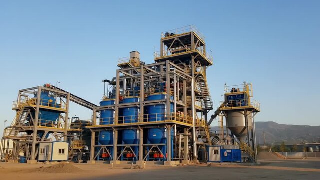 Medium shot of a compact mineral processing facility showcasing integrated structural design with efficient space utilization and streamlined treatment plant components.