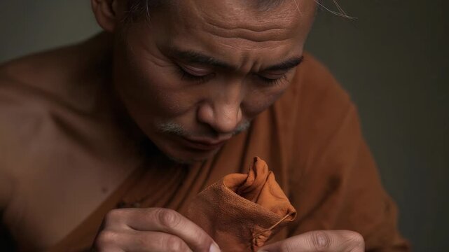 Noticing loose stitch, monk in saffron robe sewing pouch with needle thread in room, securing pouch