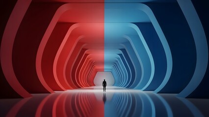 Silhouette of Traveler Walking Through Neon Arch Tunnel.