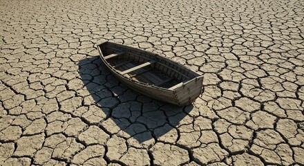 A small wooden boat sits stranded on a vast expanse of dry, cracked earth, evoking a sense of desolation and drought.