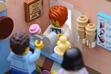 Obraz premium Tambov, Russian Federation - January 19, 2026 A happy Lego woman minifigure serving customers ice cream in a small italian gelateria.