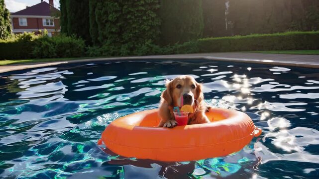 Golden retriever sits on orange float in pool. Dog relaxing cocktail and enjoying warm summer sunlight. Float near green backyard. Sunglasses, pet, summer, funny, vacation, pool, relax, happy, dog