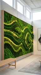 Large preserved vegetation wall panel features integrated accent lighting within a modern interior space
