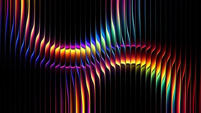 Colorful luminous rings shifting behind vertical glass ribs while refractions create dance of color. Glowing multicolor converging shimmering rings slowly rotate and merge. Flow of geometry and light
