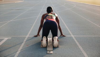 Sprinter in starting position on blue track with lane lines preparing for competitive race