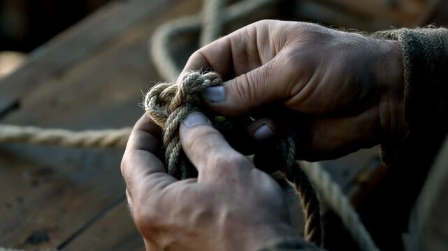 Joining rope ends, callused hands in woolen sleeve weaving knot on wooden deck, tightening coil