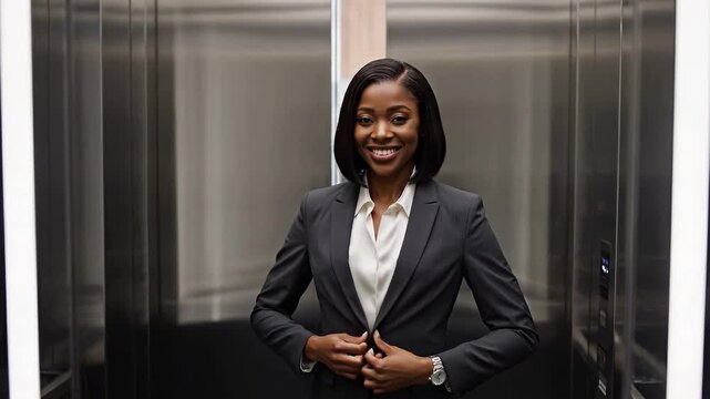 Businesswoman in office elevator mirror smiling and adjusting jacket  