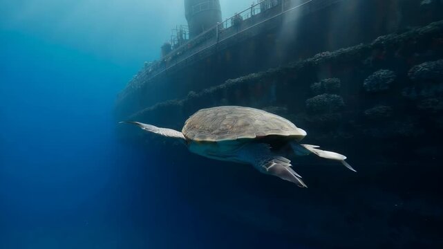 Entering from right, sea turtle swimming beside barnacled hull, heading toward open blue water