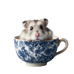 Hamster in blue floral tea cup with curious expression in soft studio lighting for pet advertising