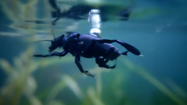 Sculling black diving beetle hugging pond plants in shallow water, silvery bubble causing ascent