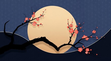 Tranquil nocturnal illustration featuring a magnificent golden full moon casting a soft glow upon elegant blossoming branches, evoking a sense of calm and natural beauty under a patterned night sky
