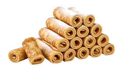 Stack of golden rolled pancakes with soft fluffy texture, isolated on white or transparent background, ideal for breakfast, brunch, dessert, cafe menu, and food advertising concepts. PNG