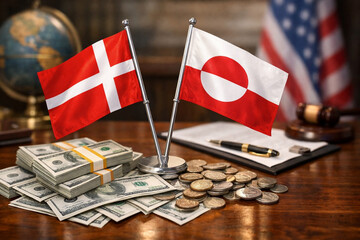 Conceptual image of Denmark and Greenland flags with US dollars, symbolizing geopolitical negotiations, economic influence, and the idea of the United States buying Greenland.