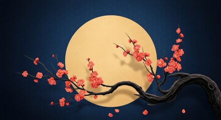 Serene night scene with vibrant cherry blossoms on a gnarled branch set against a luminous full moon and deep blue sky, evoking peaceful contemplation and traditional beauty
