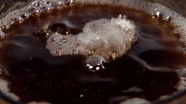 Showing initial surge on brown liquid, foam swelling and collapsing in glass bowl with highlights