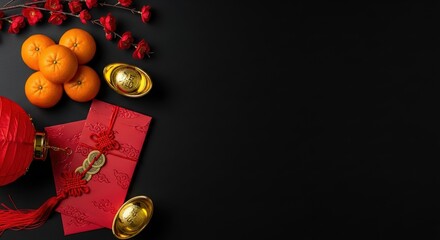 Chinese New Year celebration essentials including tangerines, gold ingots, red envelopes and festive decorations on a black background