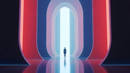 Silhouetted figure walks toward bright portal through colorful arches.