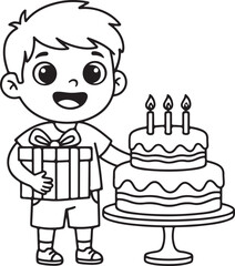 A happy boy holding a birthday present next to a festive cake with candles, ready for coloring fun