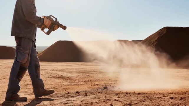 Medium shot of a highpressure spray gun dispersing water to reduce airborne dust particles in a dry dusty environment highlighting spray patterns and dust reduction.