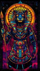 Fototapeta premium A fierce lioness goddess, Sekhmet, commands a vibrant synthwave aesthetic. 