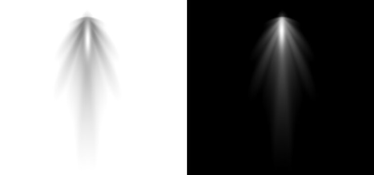 White light beam shining straight up with intense lens flare on transparent and black background