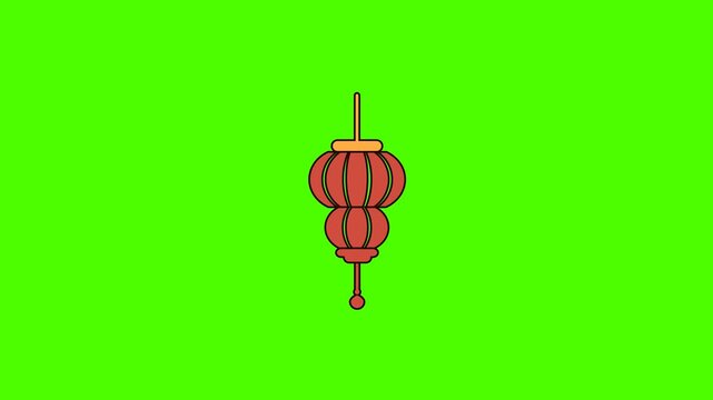 A cartoon-style red Chinese lantern with a traditional design, isolated on a vibrant green screen background.
