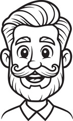 A friendly cartoon man with a stylish beard and mustache smiling happily