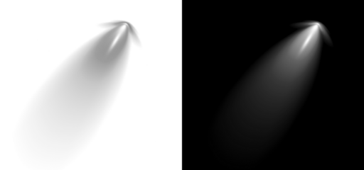 White monochromatic spotlight beam emanating from a single point against transparent and solid dark canvas for overlay