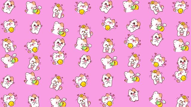 Pink background with a pattern of catlike cartoon characters. Perfect for childrens products, stationery, apparel, and cutethemed designs.