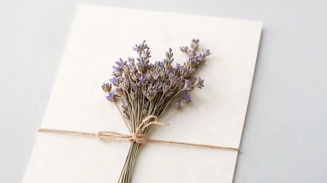 Camera tightening dried lavender bundle shifting inward on off-white card with twine for detail