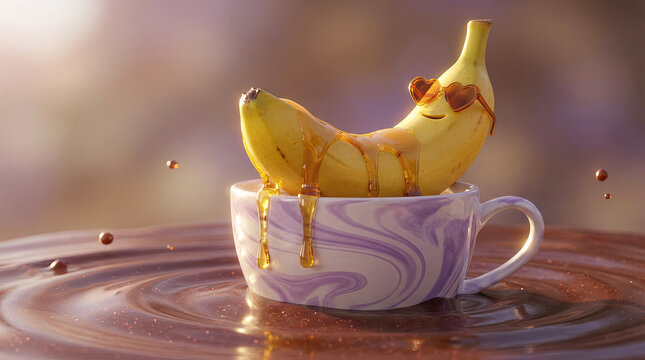 Banana wearing heart-shaped sunglasses sitting in marble cup with dripping honey, breakfast happiness concept