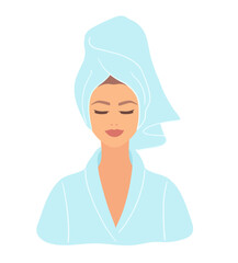 Vector illustration of a woman in a towel and bathrobe with closed eyes. Flat beauty and spa concept.