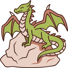 Fototapeta premium A charming green dragon rests peacefully upon a rocky outcrop in illustration