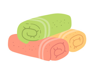 Vector illustration of rolled spa towels in pastel colors. Flat isolated wellness object.