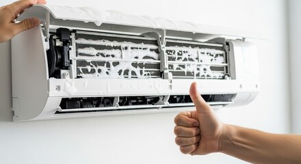 Professional air conditioning unit cleaning and maintenance service with a thumbs up gesture of approval
