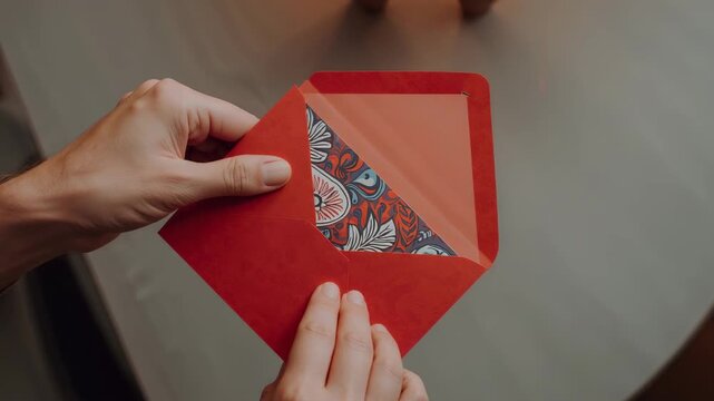 Lifting flap with right hand, hands opening red envelope on tabletop, revealing floral liner