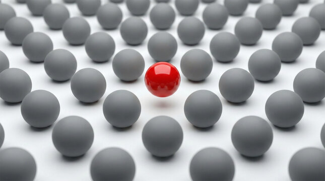 Conceptual 3D illustration of unique shiny red sphere ball floating above rows of grey spheres representing leadership individuality and standing out from the crowd