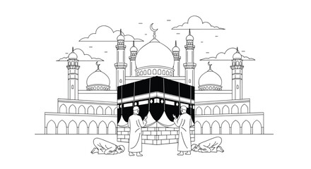 Fototapeta premium A black and white line art illustration of Muslim pilgrims praying at the Kaaba in Mecca during the Hajj or Umrah, with a grand mosque behind.