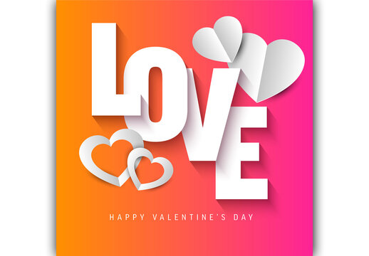 Valentine's Day Love Typography Card with Paper Hearts Background