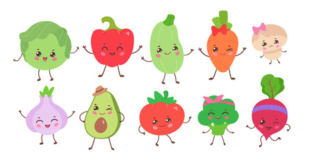 Vector illustration of cute vegetables with smiling faces and accessories. Flat isolated food characters object set.