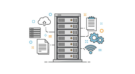 A detailed line art illustration of a network server rack connected to various icons like cloud computing, database, and wi-fi technology.
