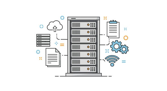 A detailed line art illustration of a network server rack connected to various icons like cloud computing, database, and wi-fi technology.