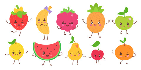 Vector illustration of cute fruits with smiling faces and accessories. Flat isolated fruit characters object set.
